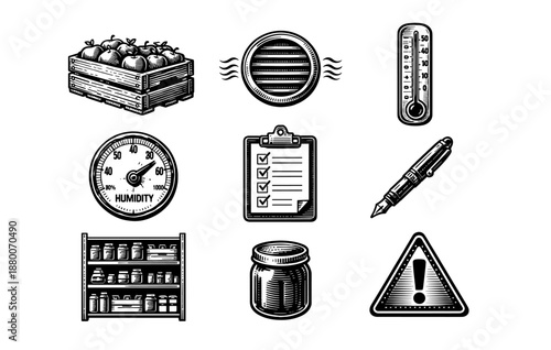 Vintage kitchen icons: thermometer, humidity gauge, food storage, crate, checklist, warning sign