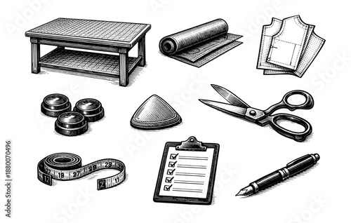 Vintage sewing tools: scissors, tape measure, patterns, chalk, and more