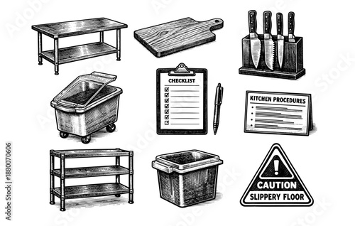 Monochrome kitchen tools and safety signs illustrations collection