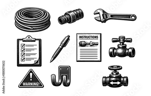 Vintage plumbing tools and instructions: hose, wrench, valves, warning sign