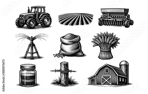 Vintage farming equipment and agriculture symbols in black and white