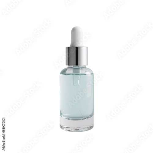 Clear Glass Bottle Holds a Liquid With Dropper on a White Background for Skin...