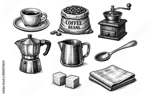 Vintage coffee brewing set with grinder, cup, and pot