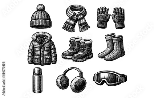 Detailed winter clothing and accessories collection illustration