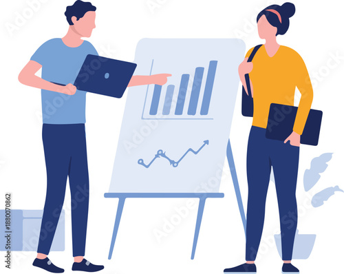 People working with chart - Man and woman with computers looking at business result diagram on flip chart. Flat design vector illustration with white background.