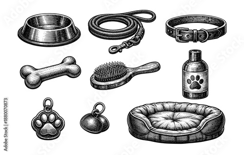 Hand-drawn vintage pet accessories collection including bowls collars and toys