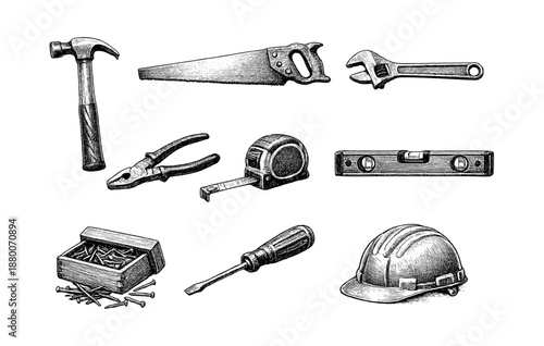 Set of hand tools with hammer, saw, wrench, and hard hat illustrations