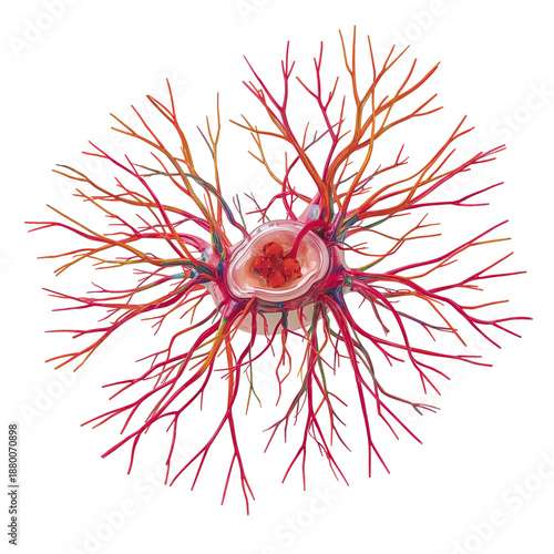 Microscopic View of a Neuron With Colorful Dendrites and Cell Body