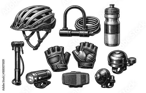 Detailed bicycle gear: helmet, lock, bottle, gloves, bell, lights, pump