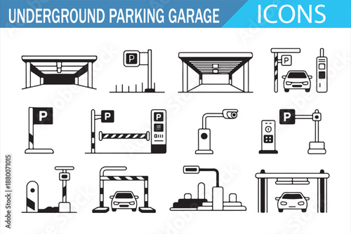 Underground Parking Icons with Vehicle, Entry and Exit Line Symbols