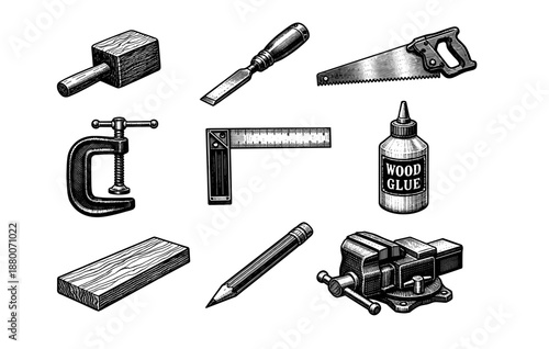 Vintage woodworking tools: saw, chisel, square, glue, pencil, clamp, vice, block