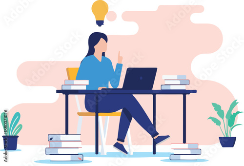 Student with idea - Young female person sitting at desk doing schoolwork with laptop computer and books. Flat design vector illustration on white background