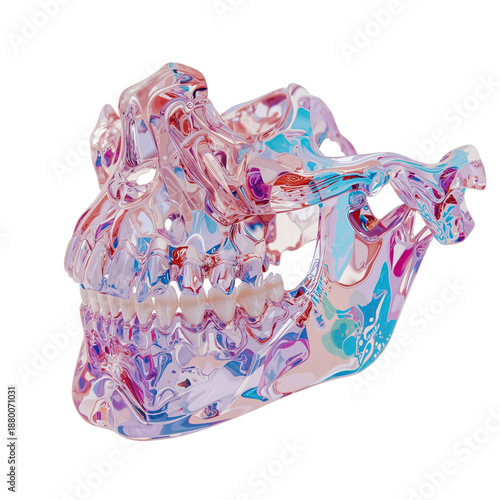 Colorful Skull Sculpture With Shiny Surface and Visible Teeth on Display in a...