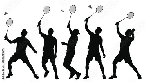 Badminton Players Silhouettes Playing on White Background