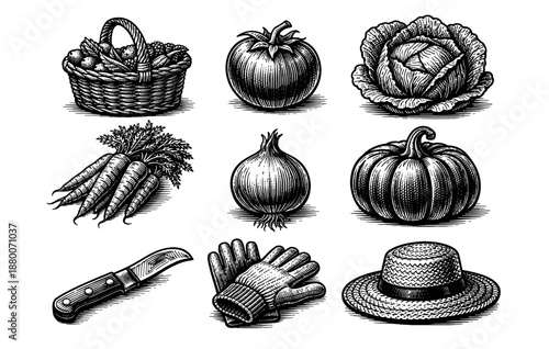 Vintage garden harvest: vegetables, tools, and rustic charm in black and white