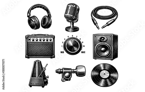 Vintage audio equipment: microphone, headphones, vinyl, and amplifier illustrations