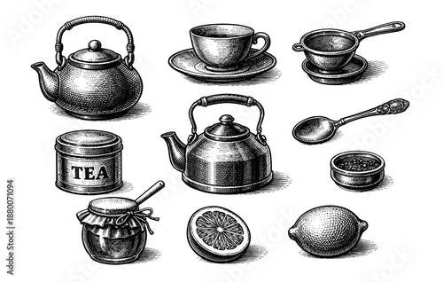 Vintage tea set collection with teapots, cups, strainers, and lemons in detailed engraving style