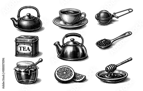 Vintage tea set with teapots, cup, honey, lemon, and tea leaves in engraved style