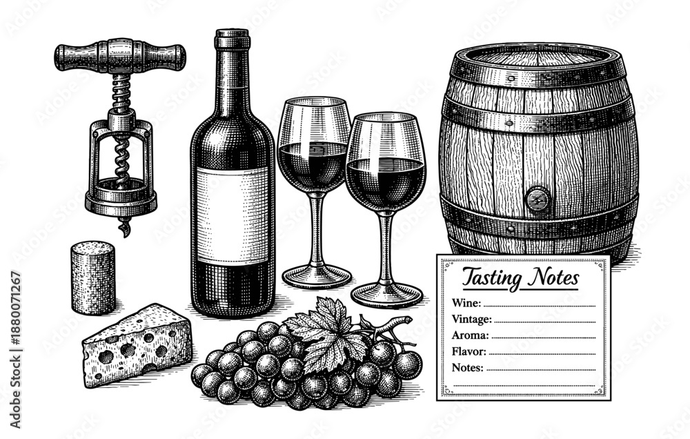 Obraz premium Vintage wine set with bottle, glasses, barrel, grapes, cheese, corkscrew, and tasting notes