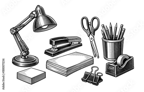 Vintage office supplies: desk lamp, stapler, scissors, paper, pencils, binder clips, tape dispenser
