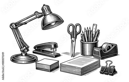 Vintage black and white drawing of office supplies featuring lamp, scissors, and stationery
