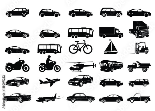 Transportation and Vehicle Icon Set, Land Air and Sea Silhouette Collection 