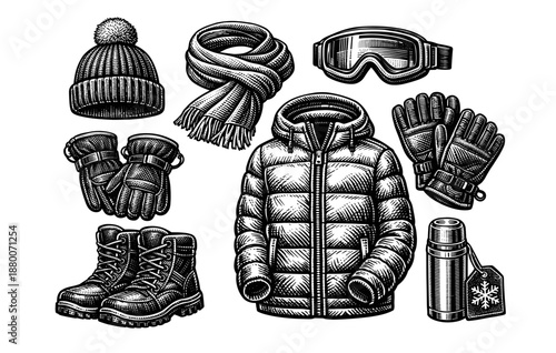 Vintage black and white winter clothing and gear illustration with hat, scarf, jacket, gloves, boots, goggles, and thermos