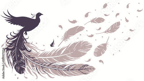 Majestic bird in flight with feathers floating gently around it