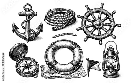 Nautical elements collection with anchor, rope, ship wheel, and compass