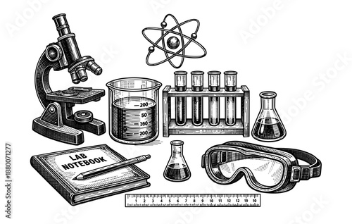 Vintage science lab equipment illustration with microscope and atom