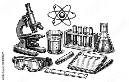 Vintage science lab equipment illustration with microscope and test tubes