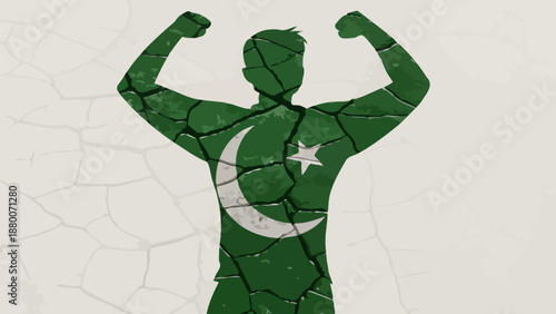 Strong Pakistan flag man flexing muscles in powerful pose