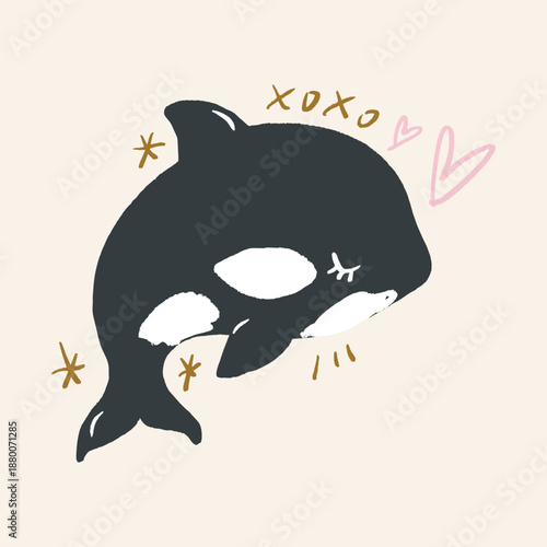 Cute killer whale isolated on background for kids content. Hand drawn silhouette orcinus orca jumping logo print. Flat cartoon underwater character marine animal. Inhabitant of the ocean whimsical