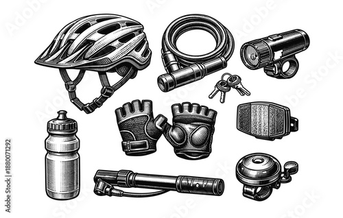 Bicycle accessories: helmet, lock, gloves, light, bottle, pump, bell, keys, reflector