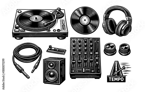 Vintage dj equipment collection: turntable, headphones, mixer, vinyl, metronome