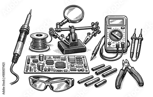 Electronics tools and components: soldering iron, circuit board, multimeter, magnifying glass illustration