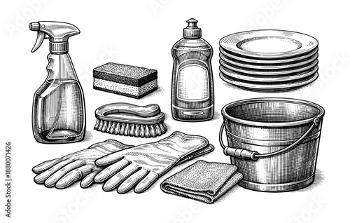 Vintage cleaning supplies drawing with bucket, gloves, sponge, plates