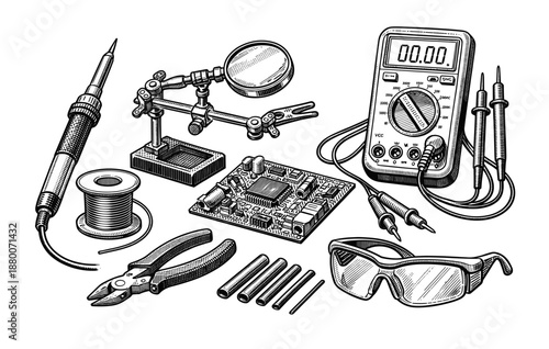Vintage electronics toolkit with multimeter and soldering iron illustration