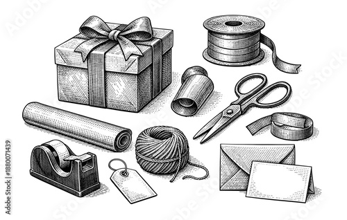Vintage gift wrap supplies with scissors, ribbon, tape, and twine in black and white illustration