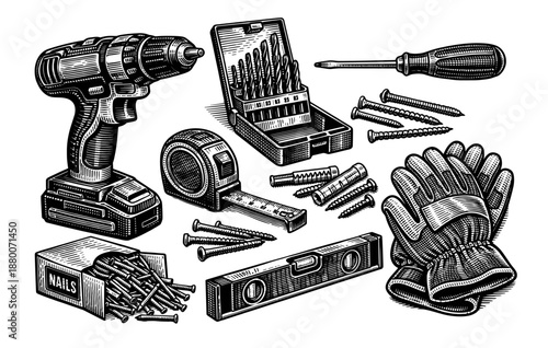 Woodworking tools: drill, tape measure, screwdriver, screws, gloves, level, nails