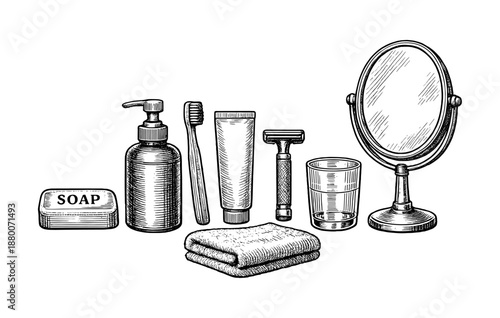 Vintage bathroom essentials: soap, mirror, toothpaste, razor, towel, toothbrush, glass