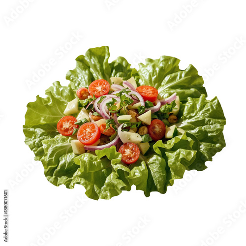 Fresh Salad With Vegetables, Lettuce, and Herbs Served on a Large Green Leaf ...