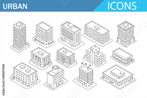 Outline urban buildings icon set for city planning and design