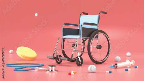 Medical wheelchair with pills and syringe on pink background