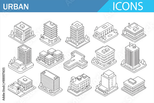 Urban city building icons set in clean outline style showing modern skyscrapers, offices, apartments and commercial buildings, minimal vector symbols isolated on white background