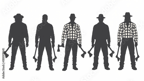 Lumberjack Men Holding Axes in Various Plaid Shirts and Hats Silhouette