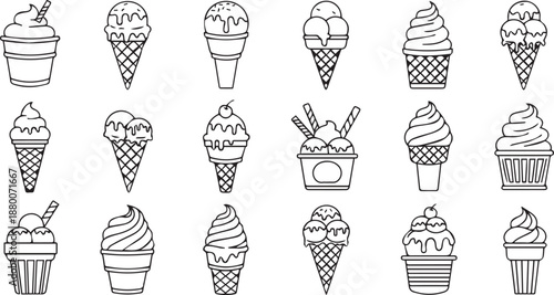 Ice Cream Cone and Sundae Cup Icon Collection Delicious Frozen Yogurt and Soft Serve Summer Desserts Vector Line Art