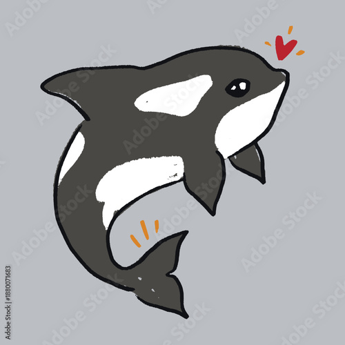 Cute killer whale isolated on background for kids content. Hand drawn silhouette orcinus orca jumping logo print. Flat cartoon underwater character marine animal. Inhabitant of the ocean whimsical