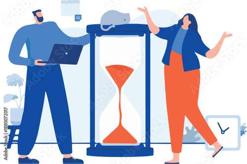 Work short on time - Two people with tight deadline working and discussing. Flat design cartoon vector illustration with white background