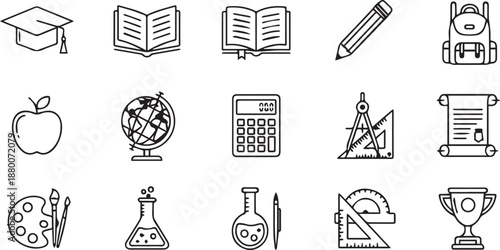 Back to School Education Icon Set with Graduation Hat Science Lab Equipment and Creative Learning Tools Vector Illustration